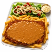 Varkenschnitzel, pindasaus, gemengde salade, friet en mayo